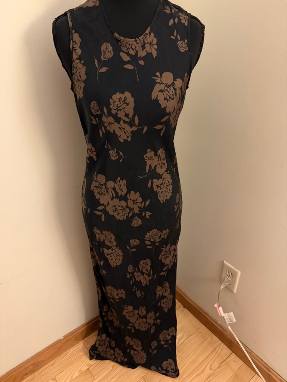Quince Silk Black Maxi Dress with Brown Floral Print